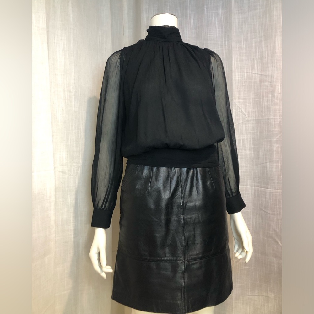 Ann Taylor Black Sheer-Sleeve Mock Neck Blouse